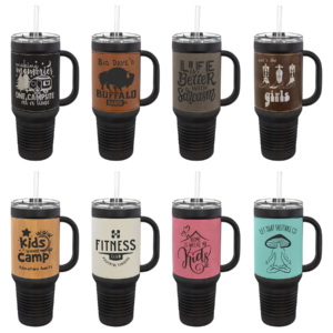 40 oz. Black and Leatherette Travel Mug with Handle, Straw Included