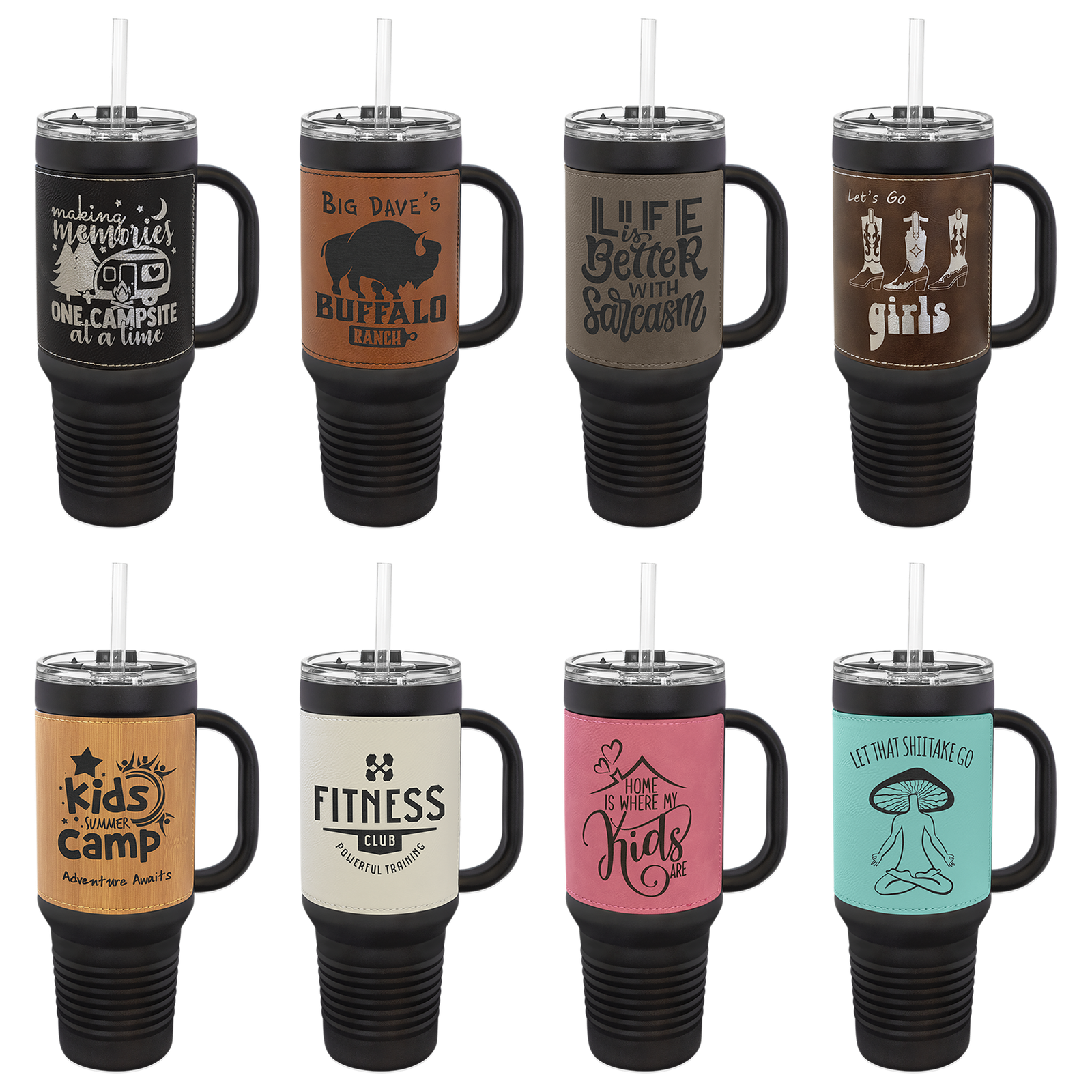 40 oz. Black and Leatherette Travel Mug with Handle, Straw Included