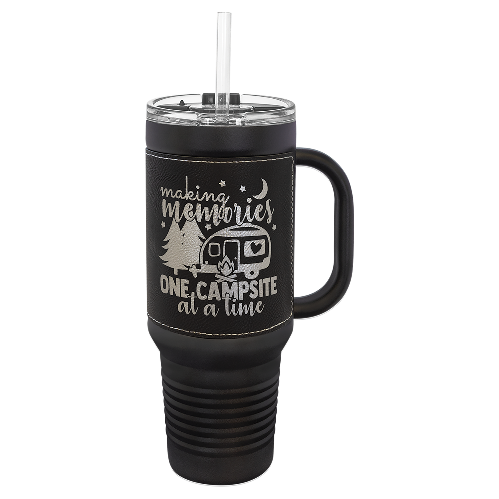 40 oz. Black and Leatherette Travel Mug with Handle, Straw Included - Image 2