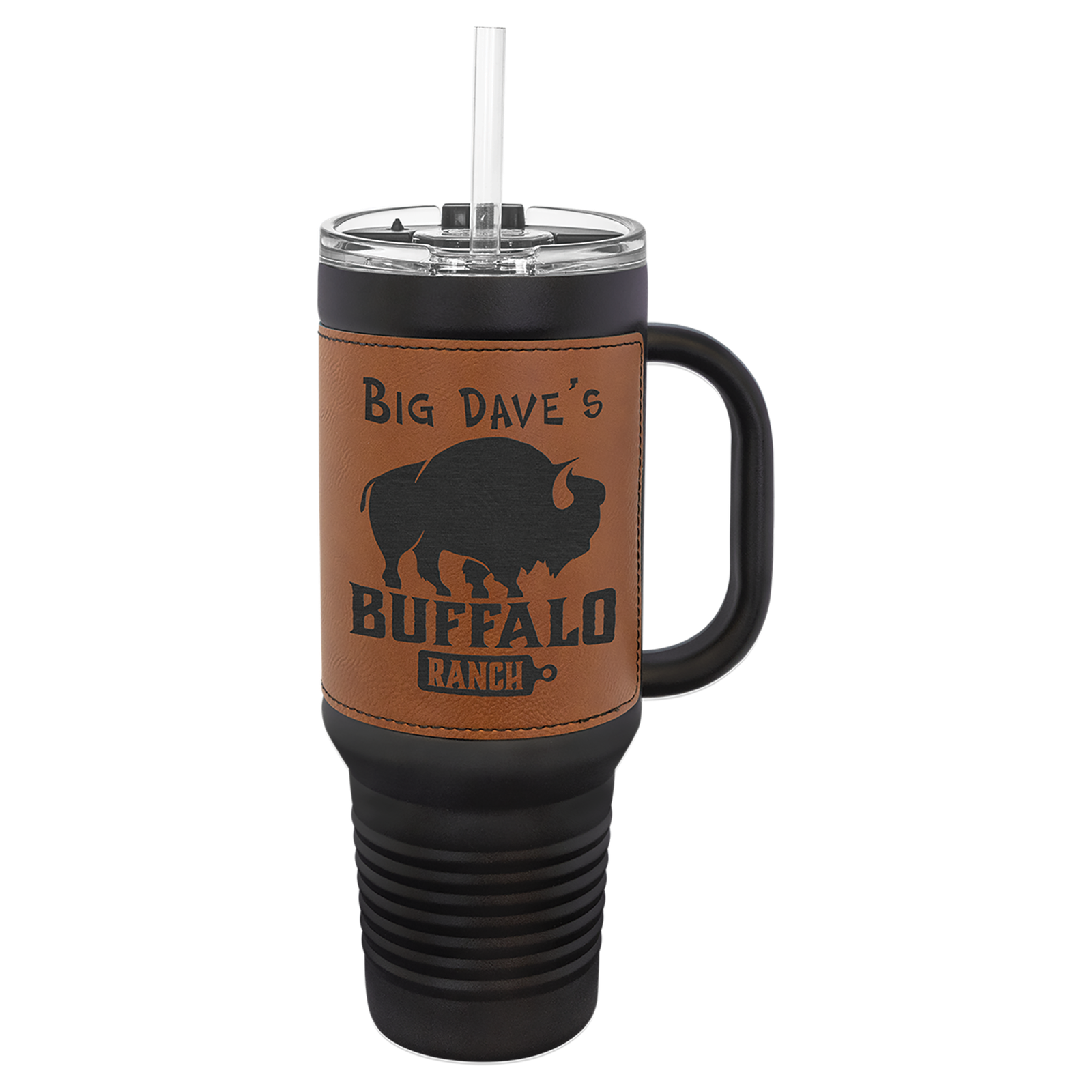 40 oz. Black and Leatherette Travel Mug with Handle, Straw Included - Image 3