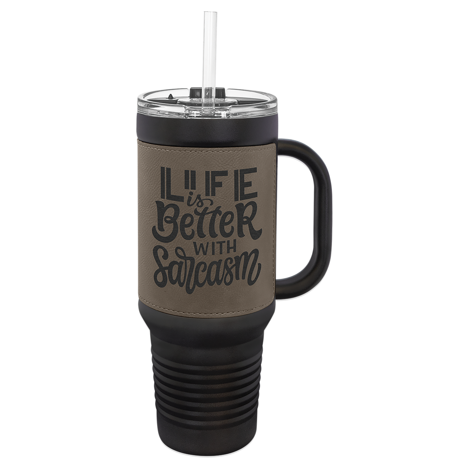 40 oz. Black and Leatherette Travel Mug with Handle, Straw Included - Image 4