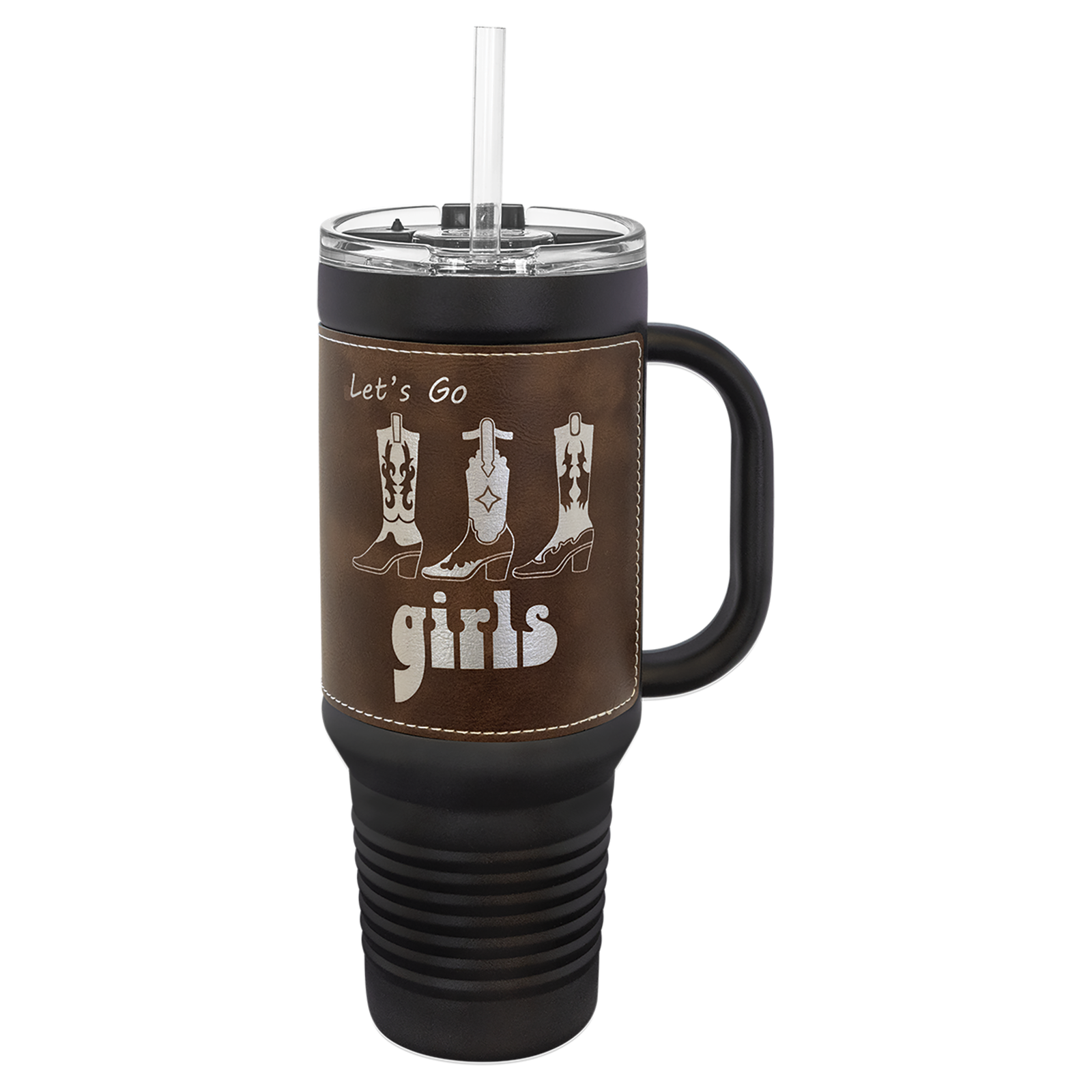 40 oz. Black and Leatherette Travel Mug with Handle, Straw Included - Image 5