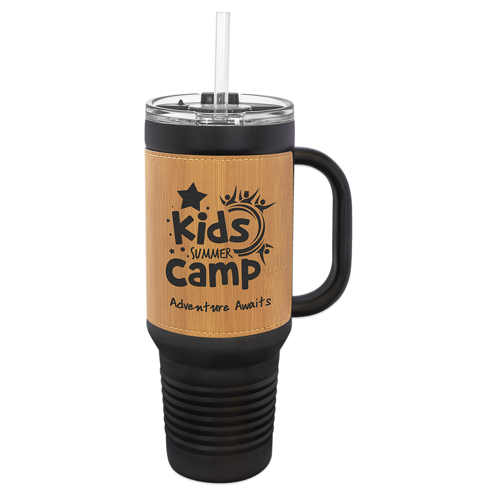 40 oz. Black and Leatherette Travel Mug with Handle, Straw Included - Image 6