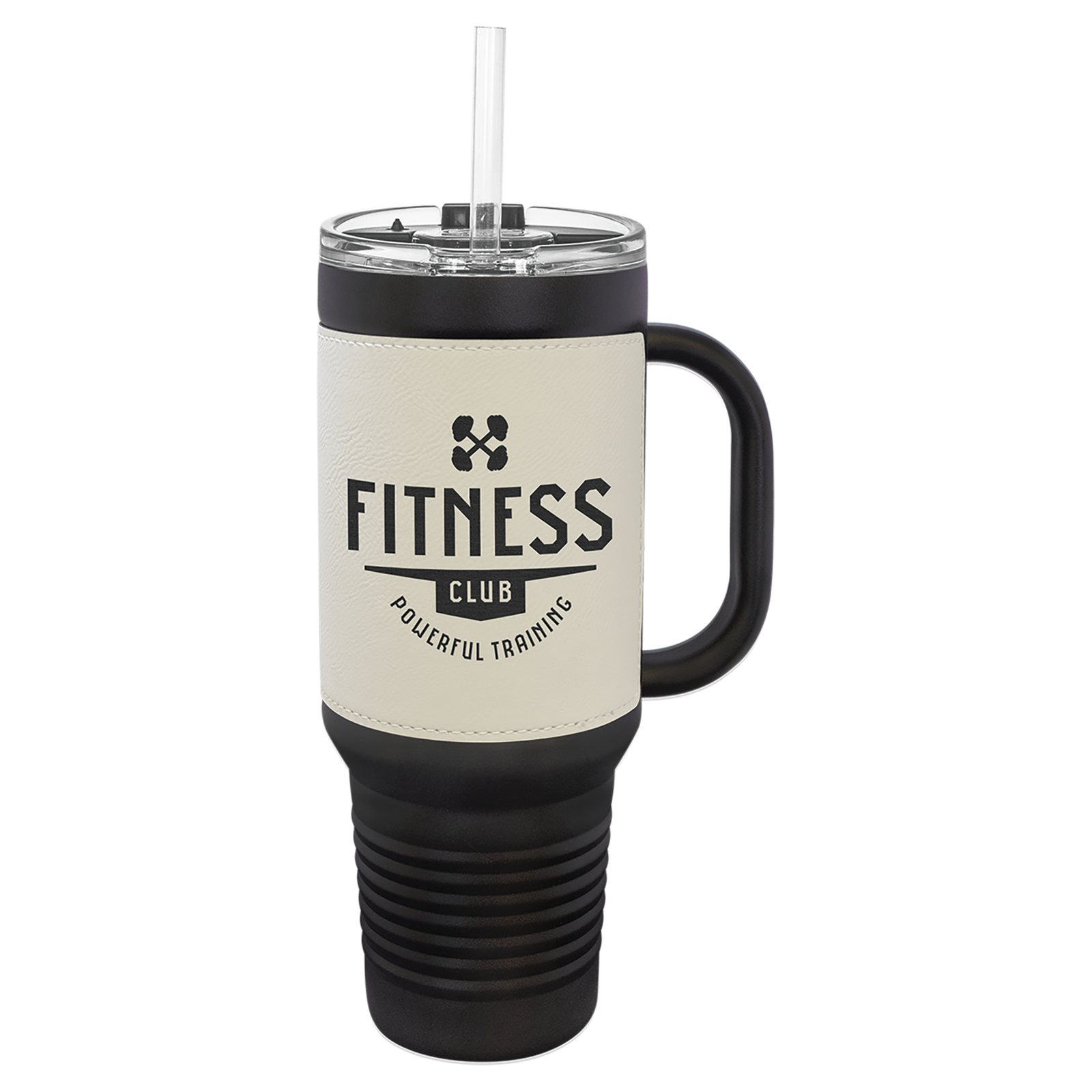 40 oz. Black and Leatherette Travel Mug with Handle, Straw Included - Image 7