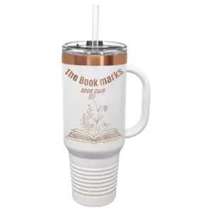 40 oz. White/Rose Gold ION-Plated Travel Mug with Handle, Straw Included